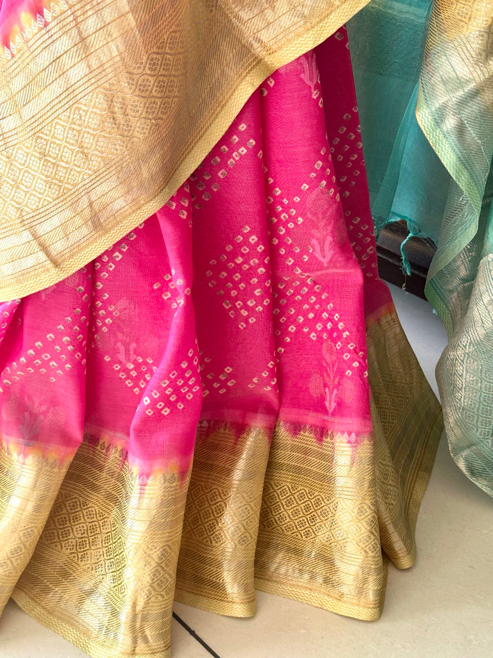 Pink, Yellow and Blue Mangalagiri Cotton Silk Bandhani Saree