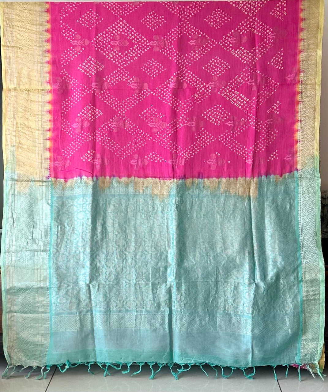 Pink, Yellow and Blue Mangalagiri Cotton Silk Bandhani Saree