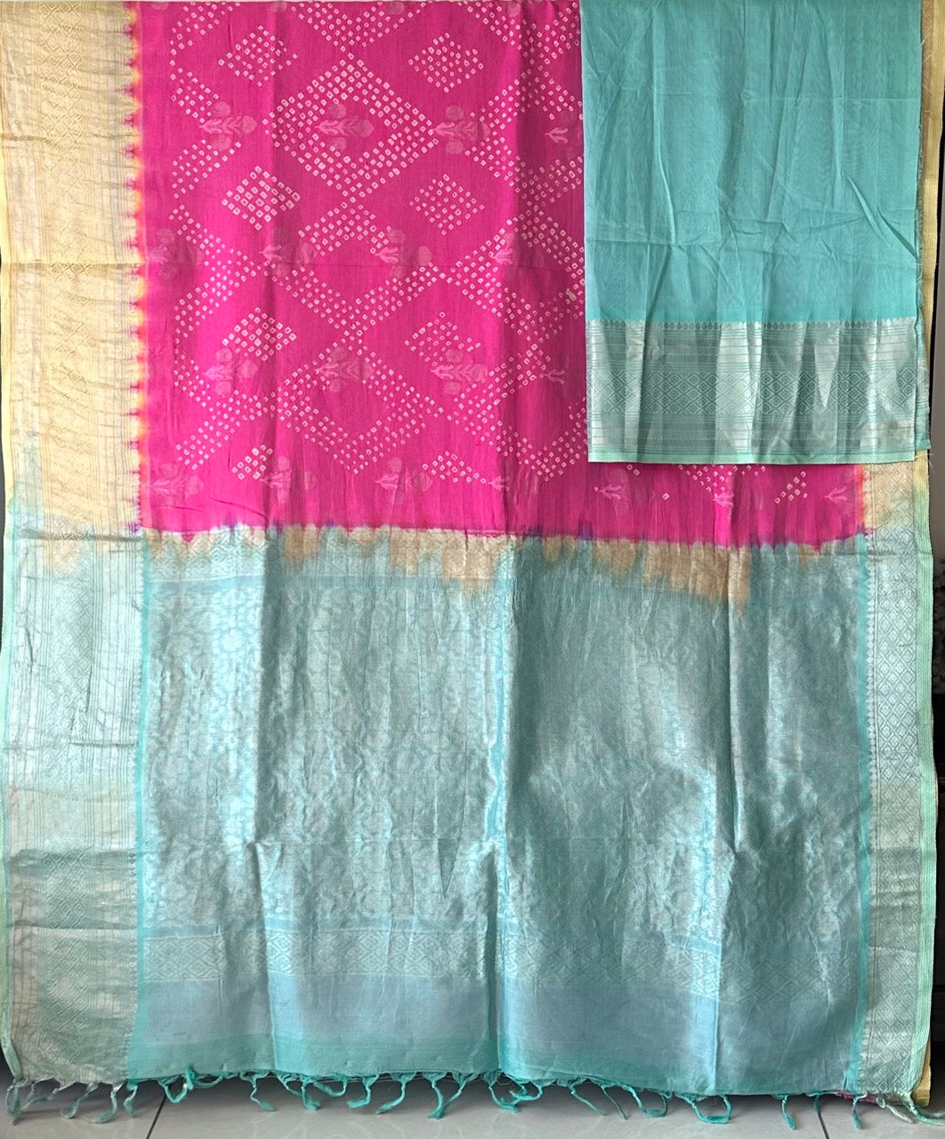 Pink, Yellow and Blue Mangalagiri Cotton Silk Bandhani Saree