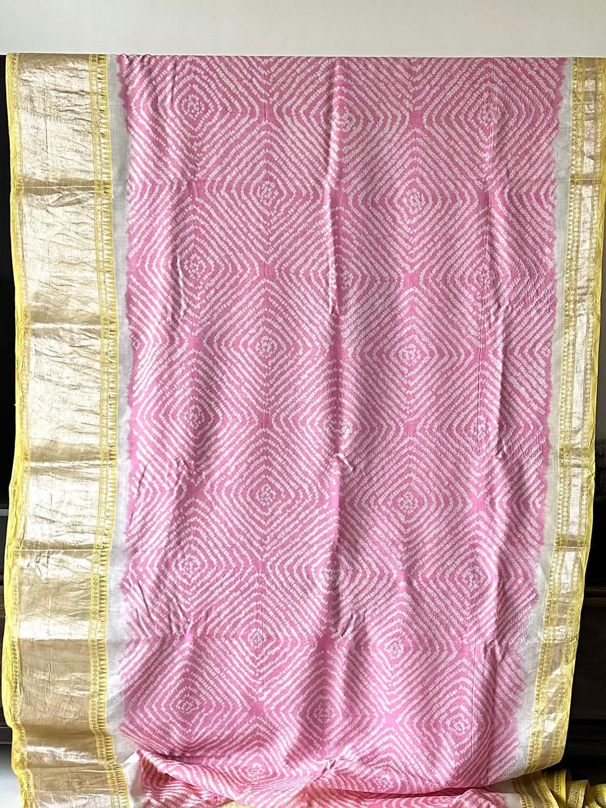 Pink and Yellow Mangalagiri Cotton Silk Bandhani Saree