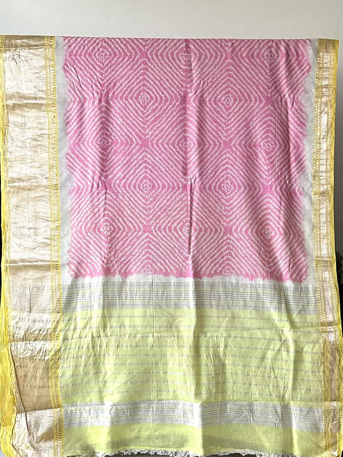 Pink and Yellow Mangalagiri Cotton Silk Bandhani Saree