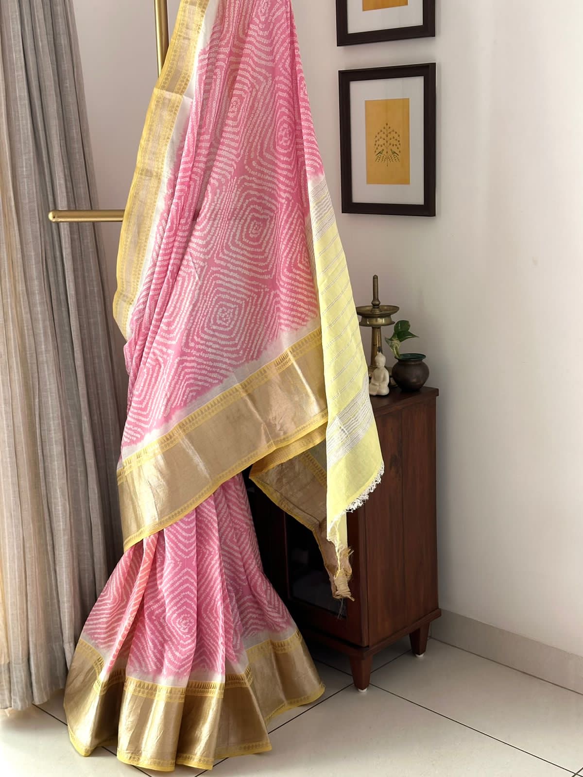 Pink and Yellow Mangalagiri Cotton Silk Bandhani Saree