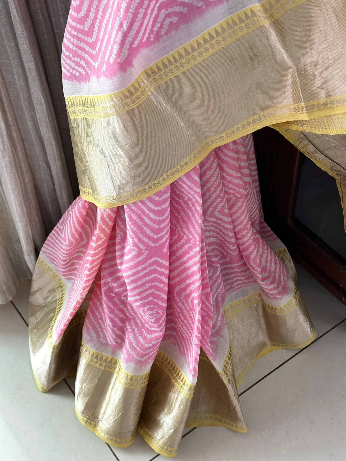 Pink and Yellow Mangalagiri Cotton Silk Bandhani Saree