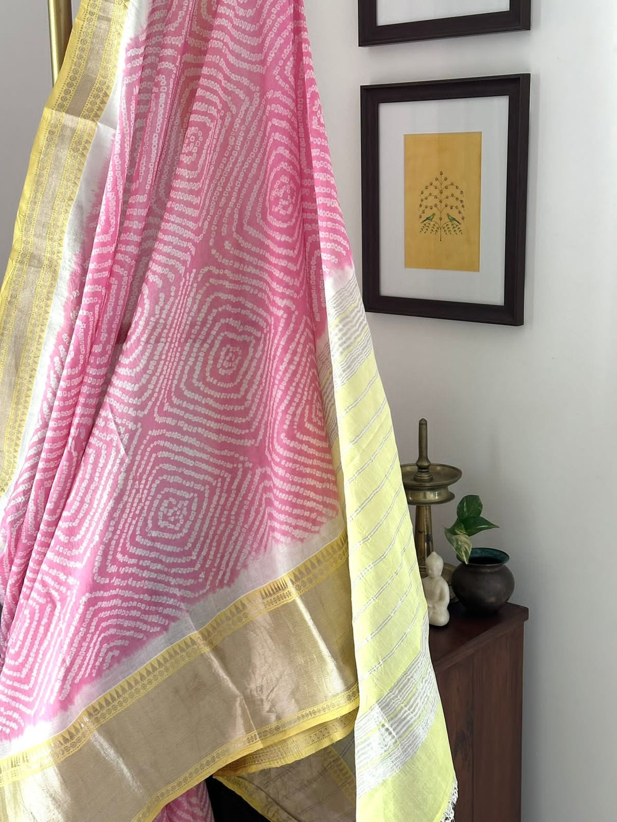 Pink and Yellow Mangalagiri Cotton Silk Bandhani Saree