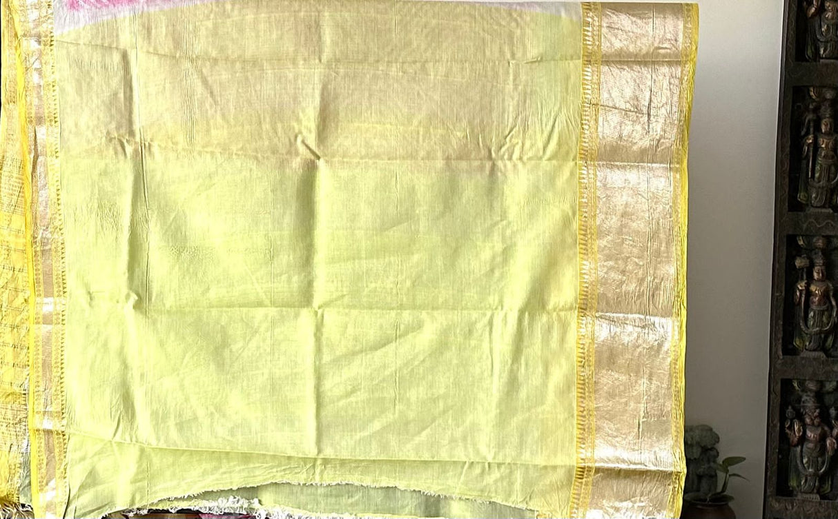Pink and Yellow Mangalagiri Cotton Silk Bandhani Saree