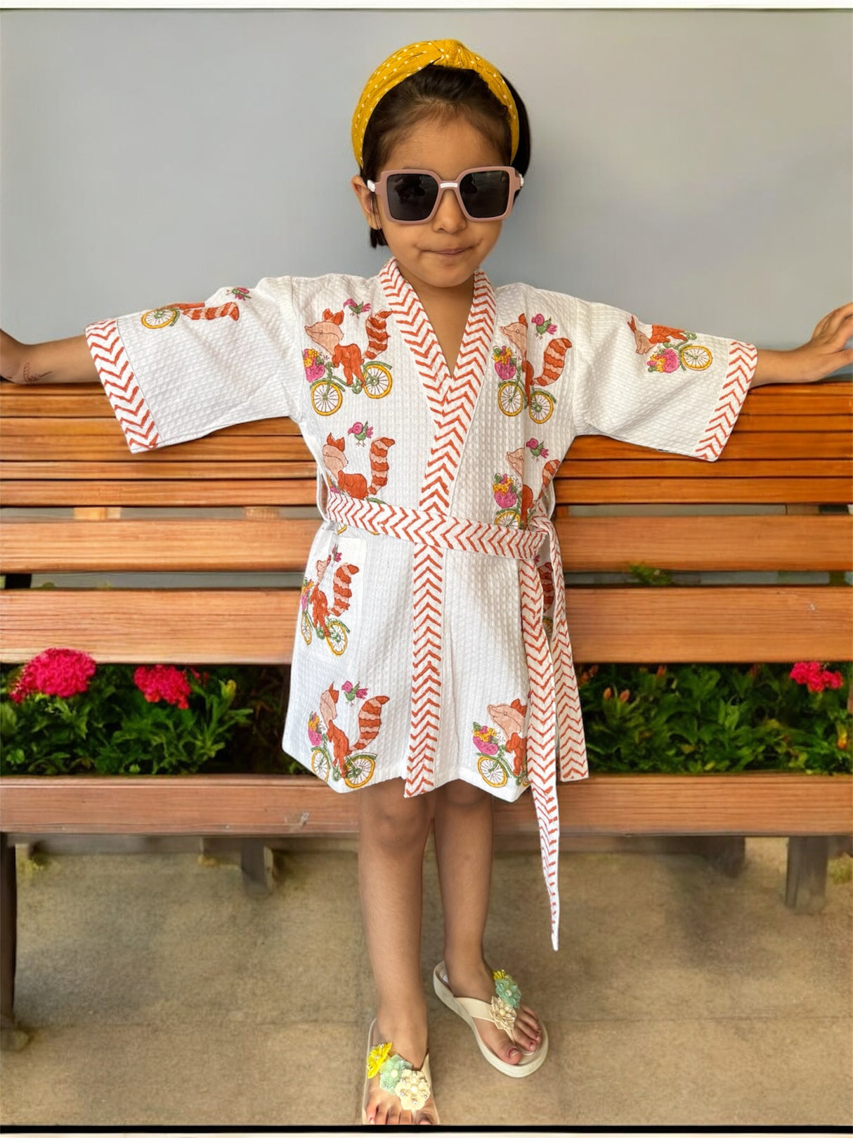 high-quality brown fox cycling print bathrobe for kids available for bulk and wholesale orders