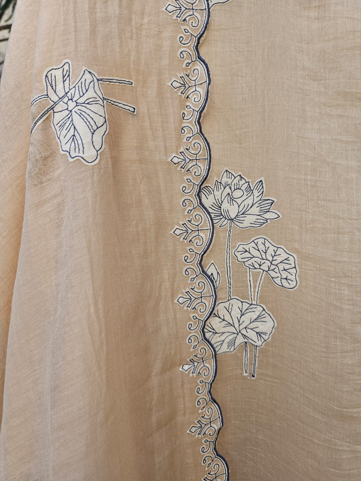 3 Piece Chanderi Mulmul Semi Stitched Suit Set with Applique