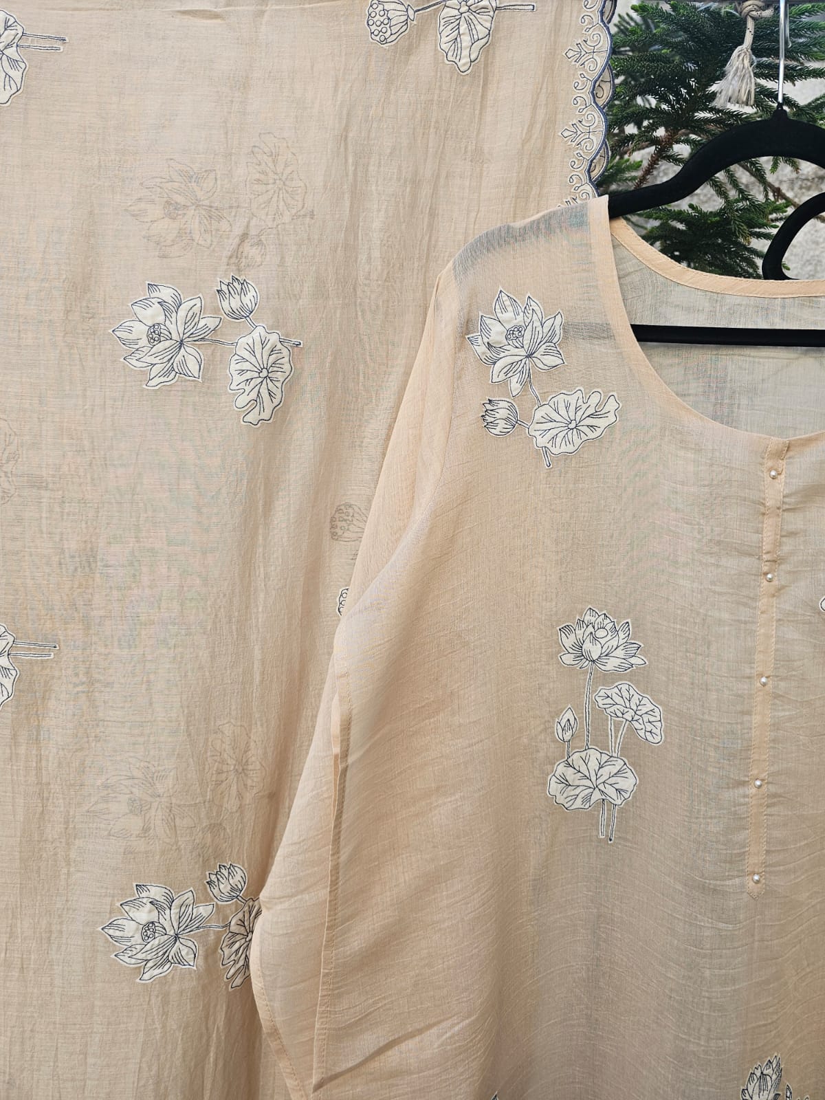 3 Piece Chanderi Mulmul Semi Stitched Suit Set with Applique