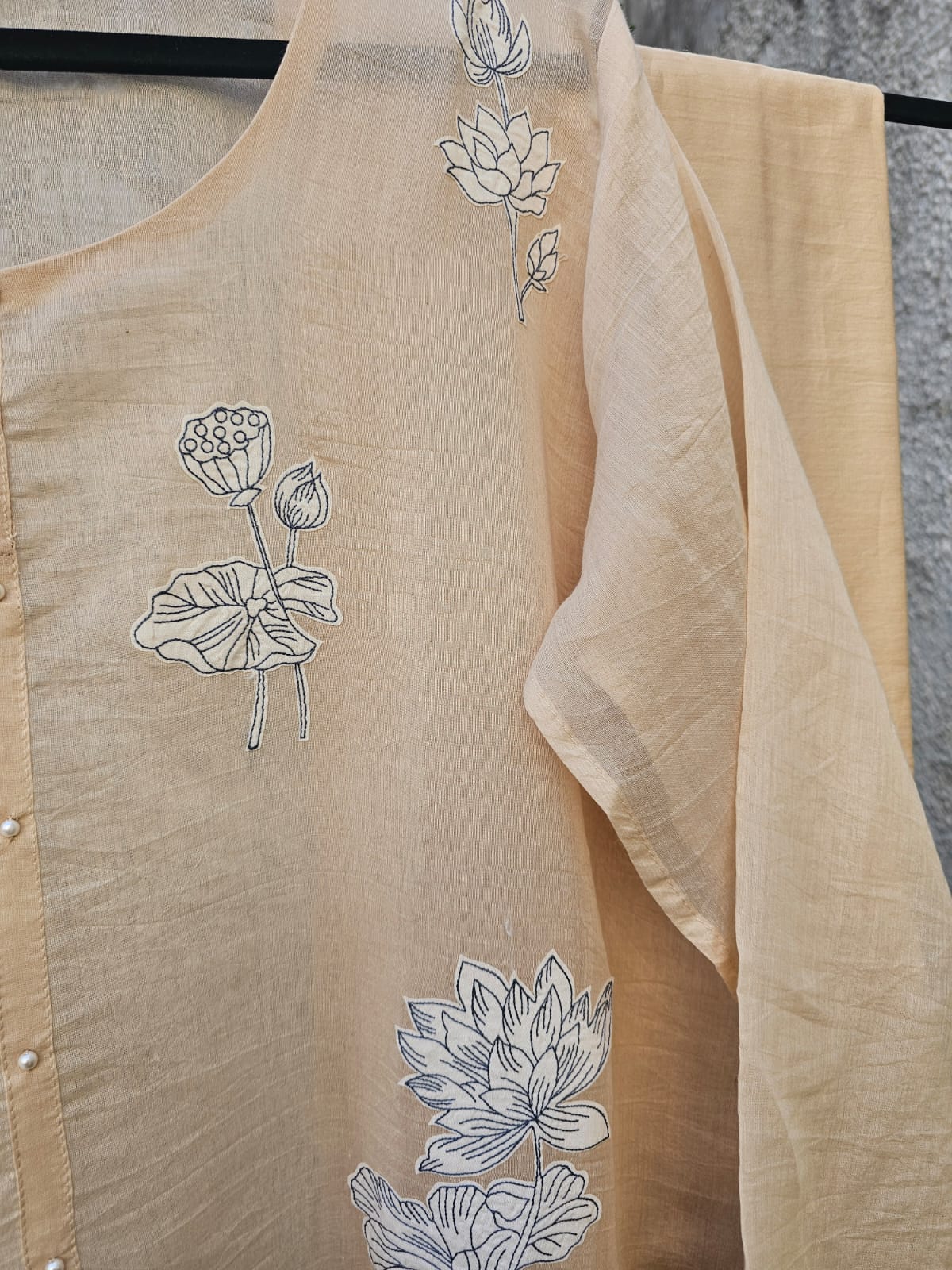 3 Piece Chanderi Mulmul Semi Stitched Suit Set with Applique