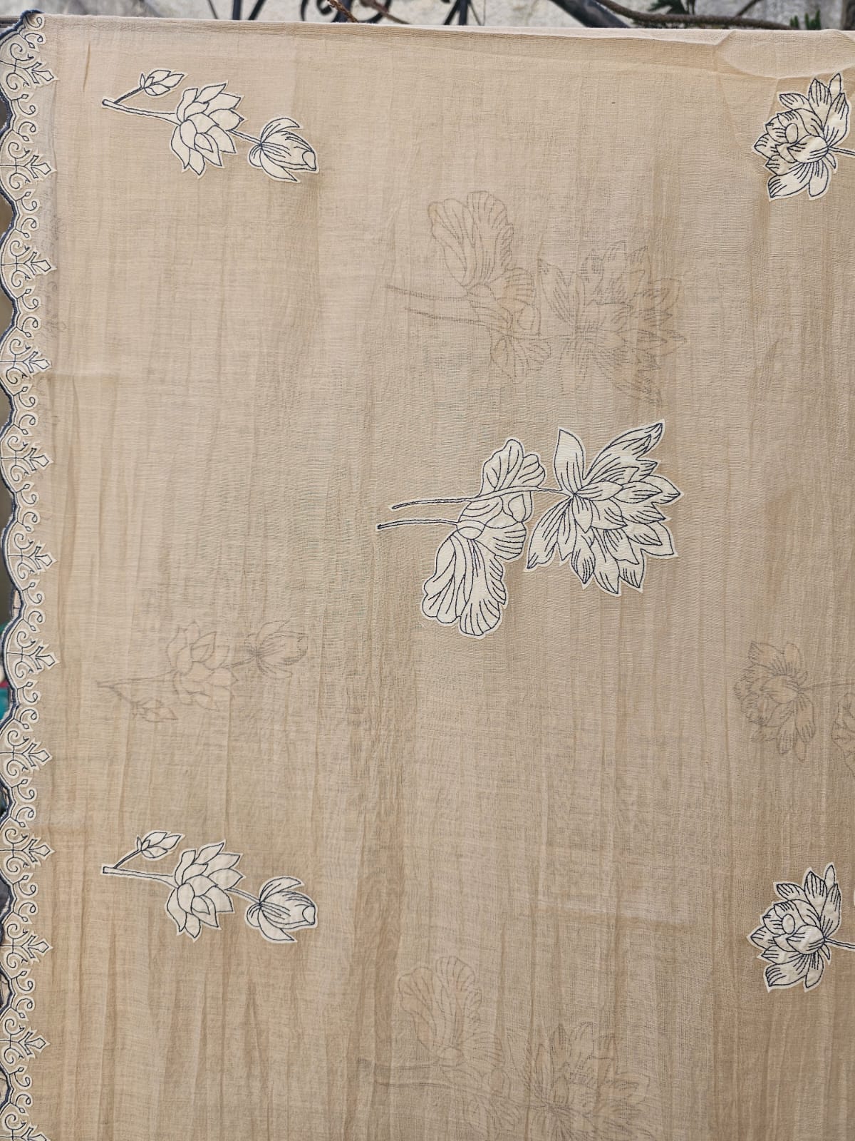 3 Piece Chanderi Mulmul Semi Stitched Suit Set with Applique