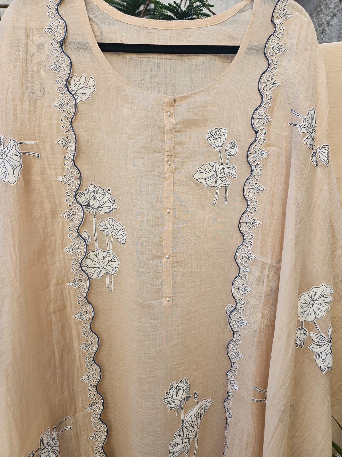 3 Piece Chanderi Mulmul Semi Stitched Suit Set with Applique