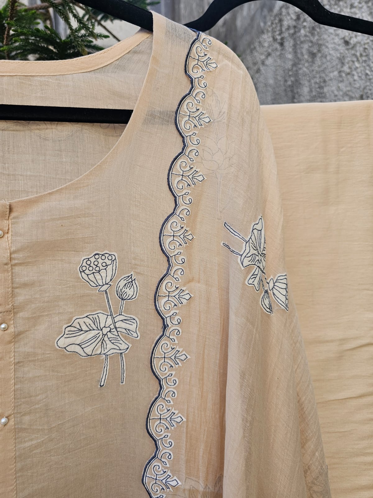 3 Piece Chanderi Mulmul Semi Stitched Suit Set with Applique