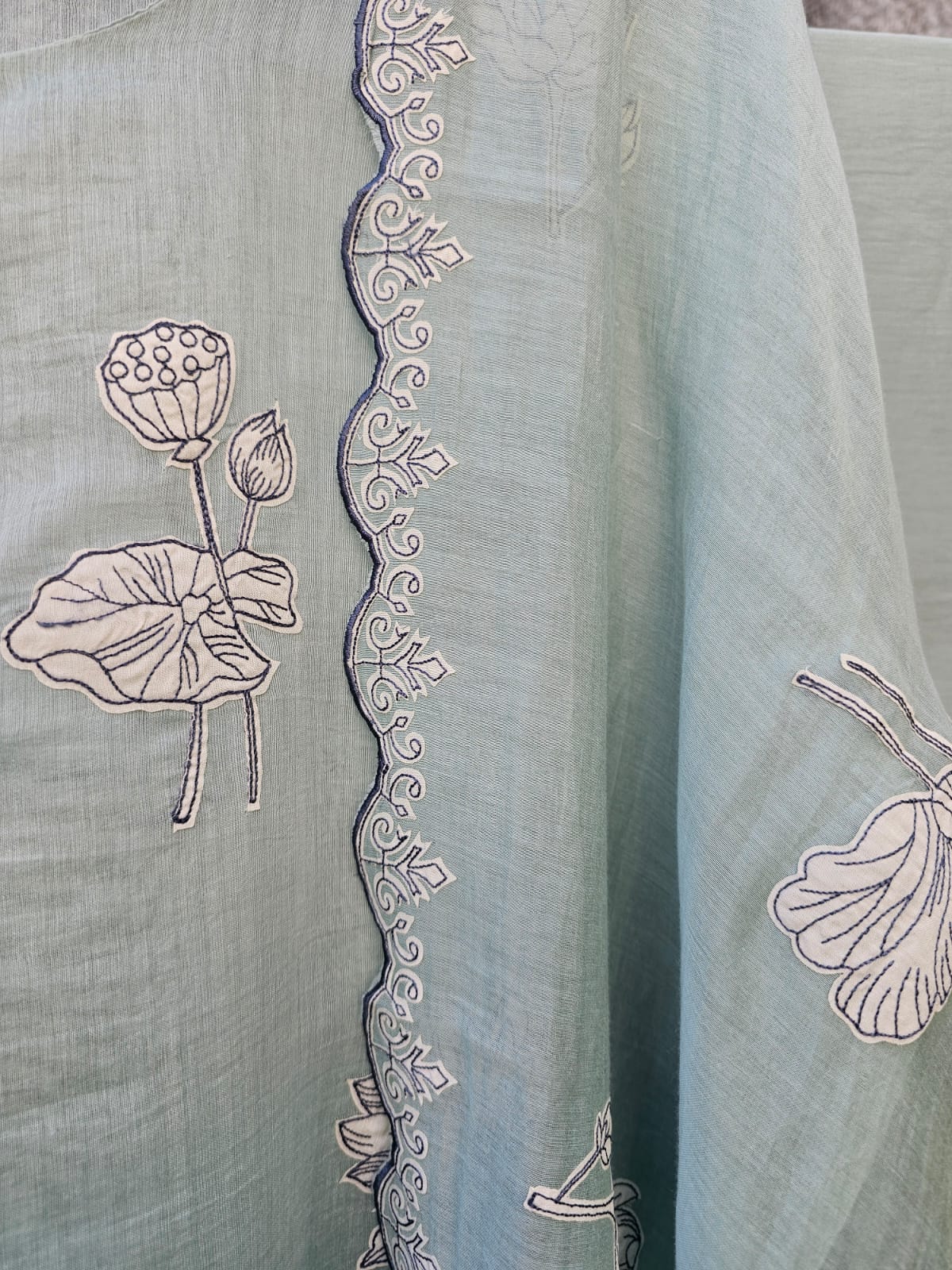 3 Piece Chanderi Mulmul Semi Stitched Suit Set with Applique