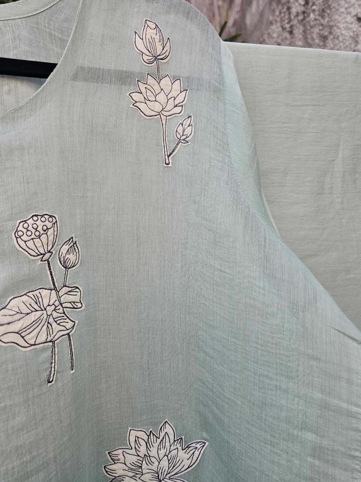 3 Piece Chanderi Mulmul Semi Stitched Suit Set with Applique