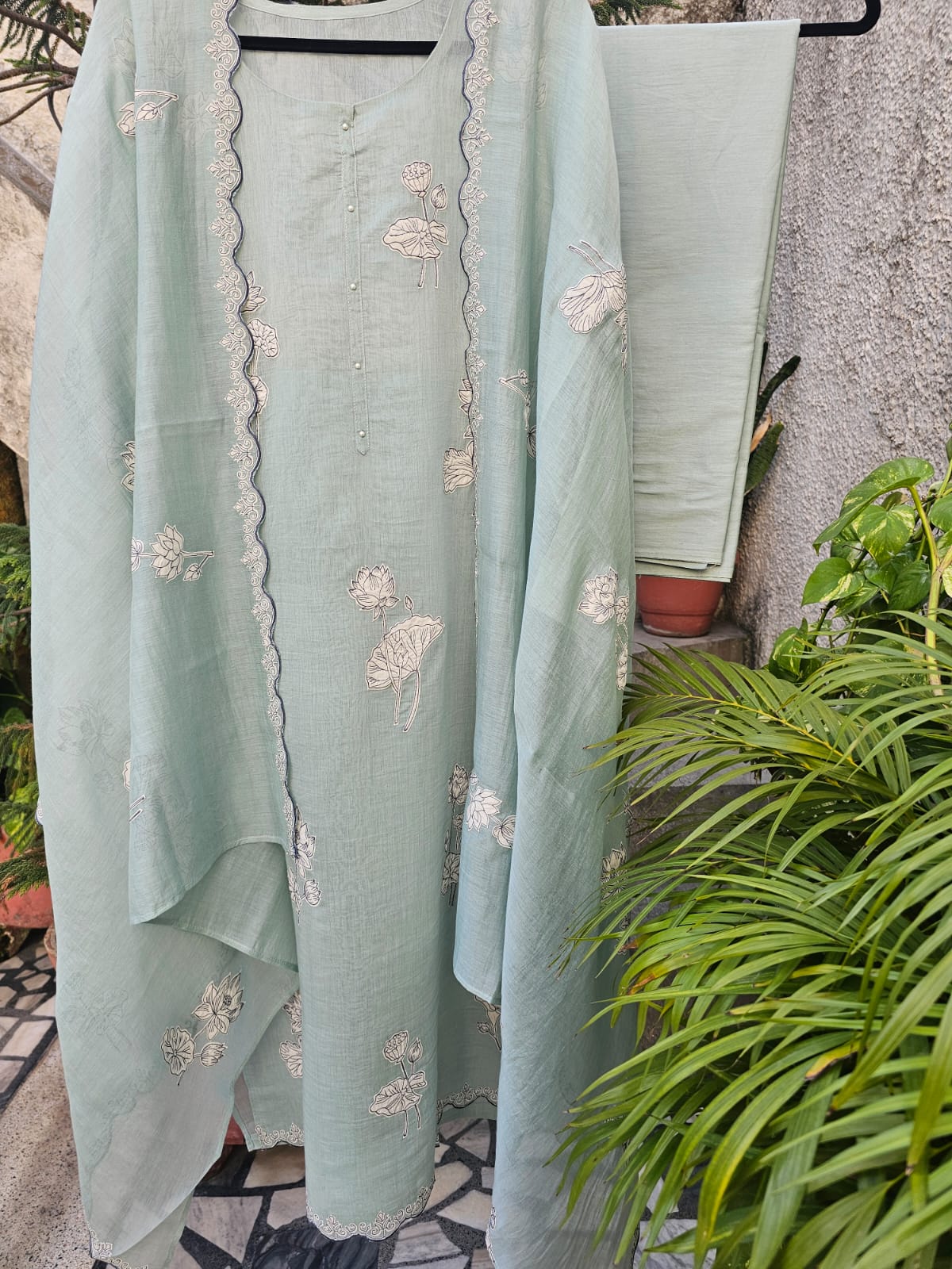 3 Piece Chanderi Mulmul Semi Stitched Suit Set with Applique