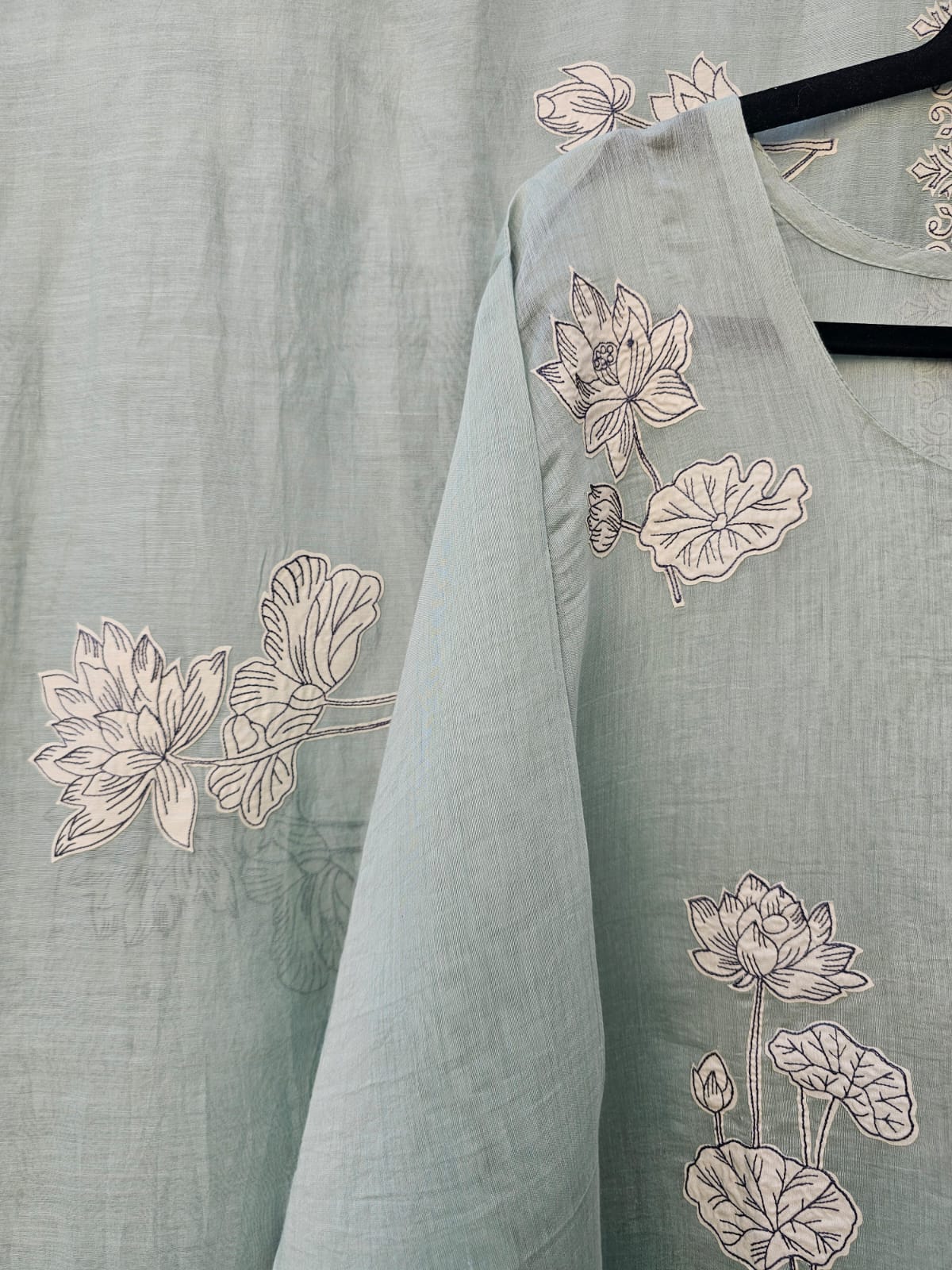 3 Piece Chanderi Mulmul Semi Stitched Suit Set with Applique