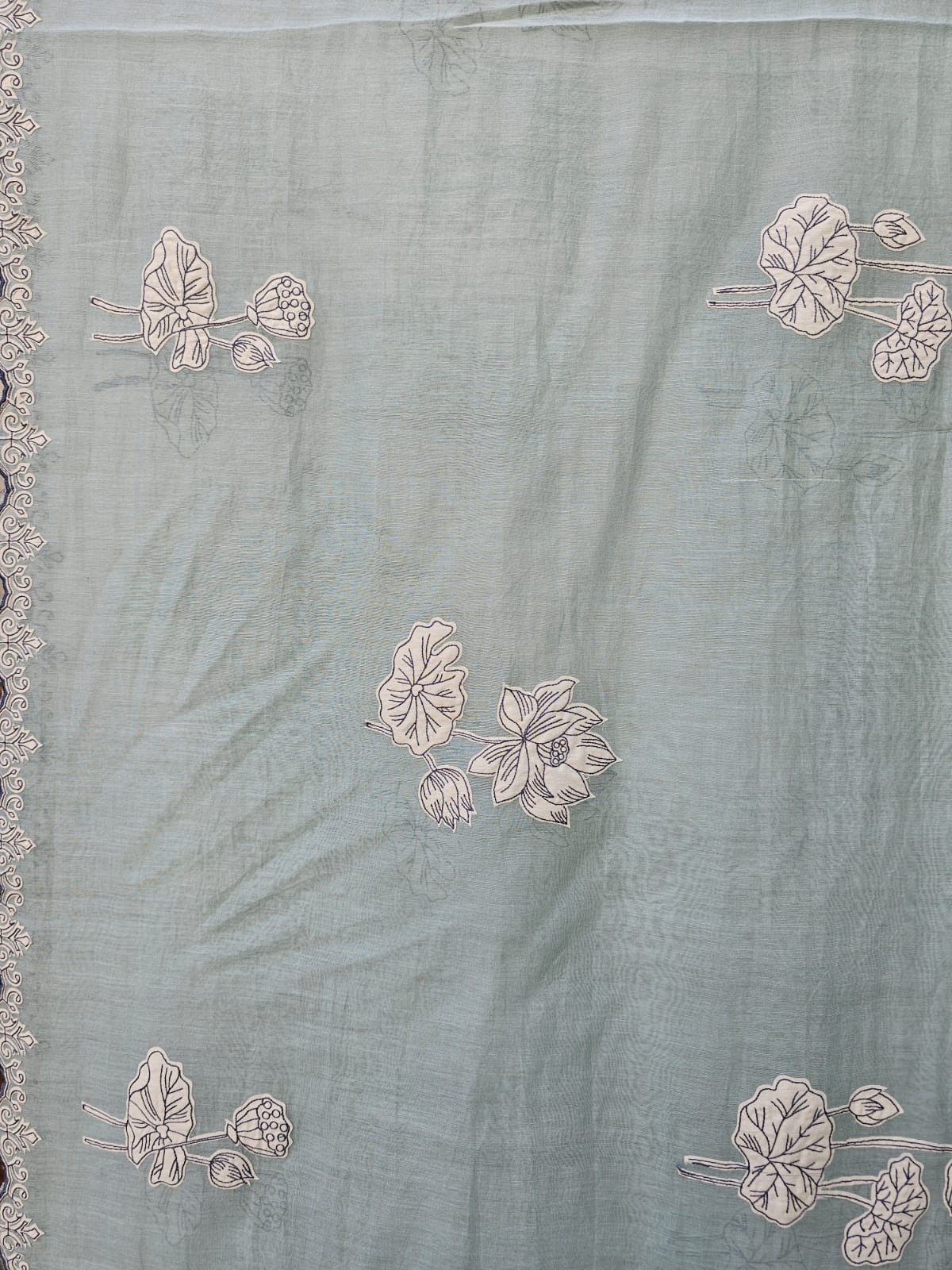 3 Piece Chanderi Mulmul Semi Stitched Suit Set with Applique