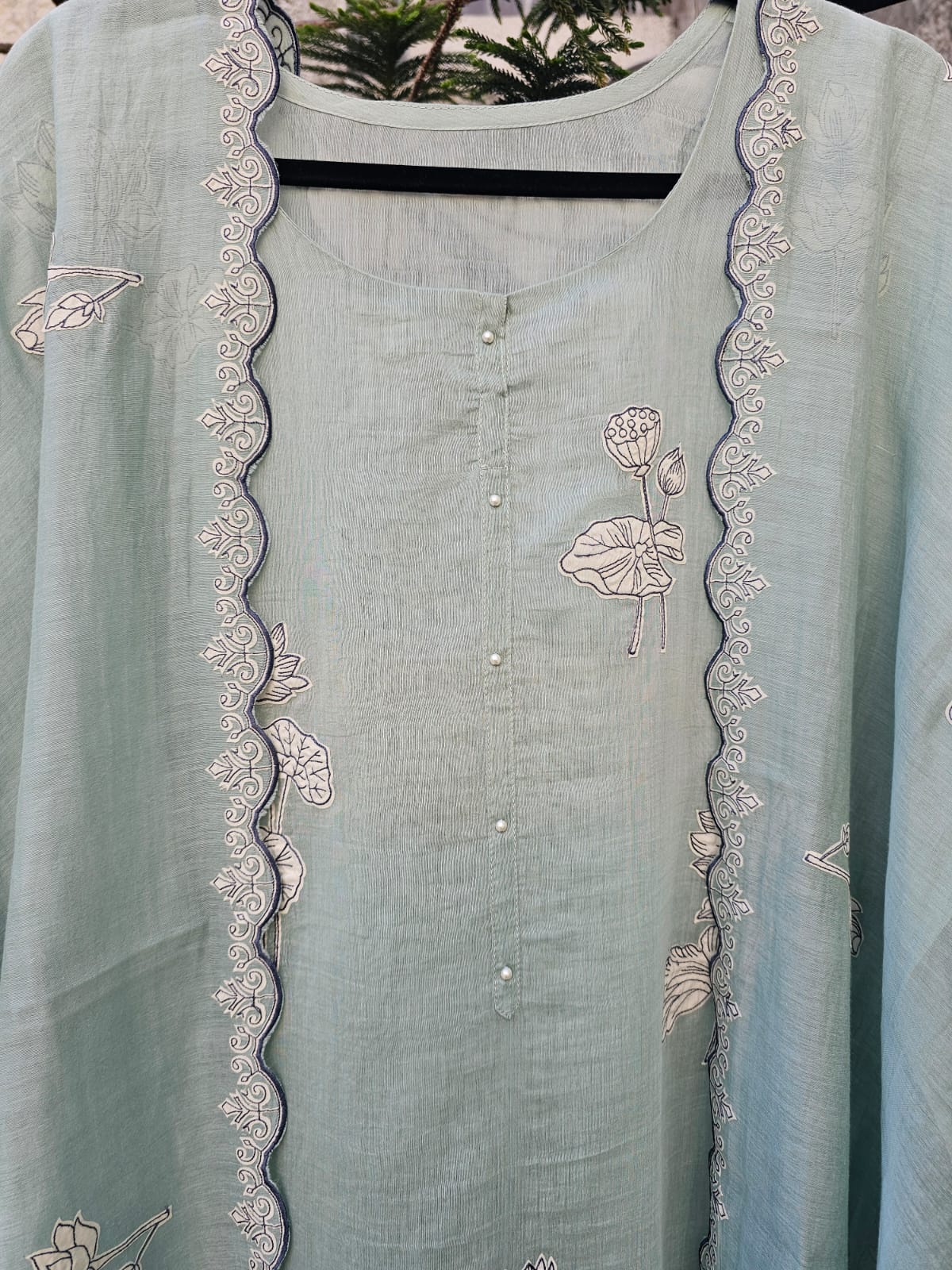 3 Piece Chanderi Mulmul Semi Stitched Suit Set with Applique