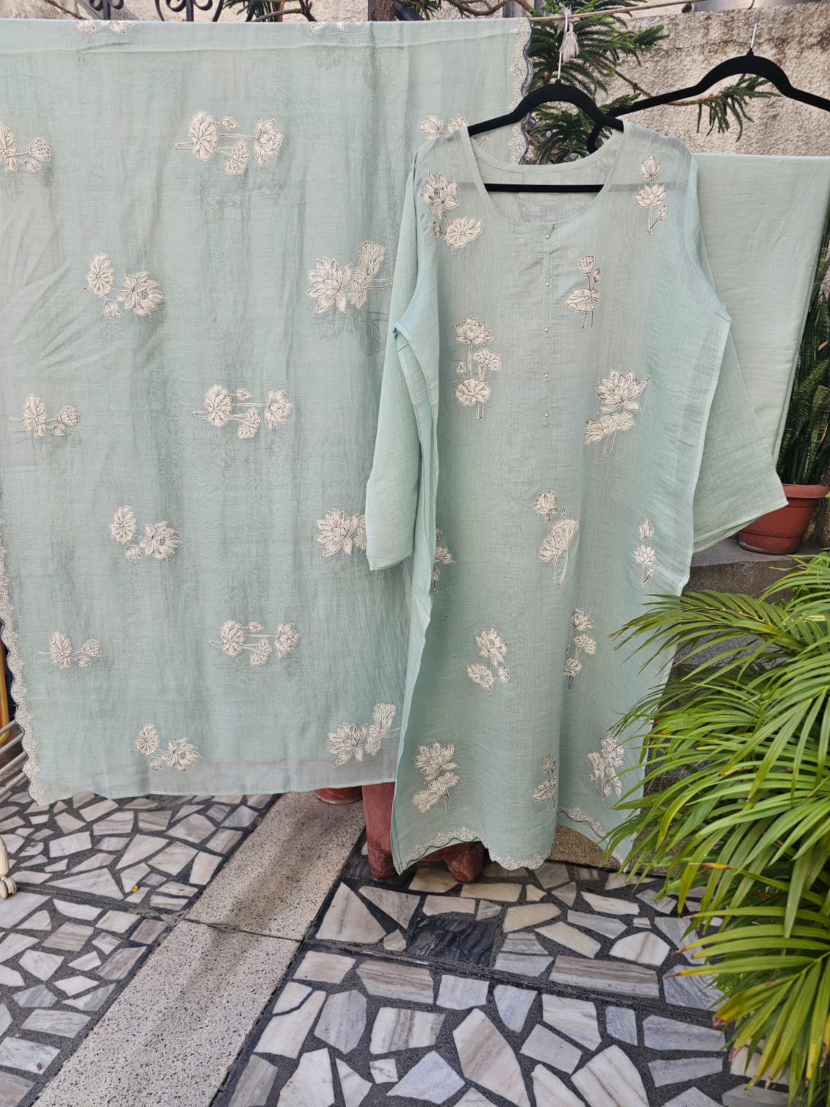 3 Piece Chanderi Mulmul Semi Stitched Suit Set with Applique