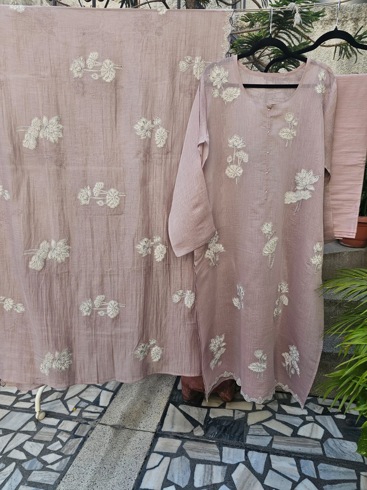 3 Piece Chanderi Mulmul Semi Stitched Suit Set with Applique