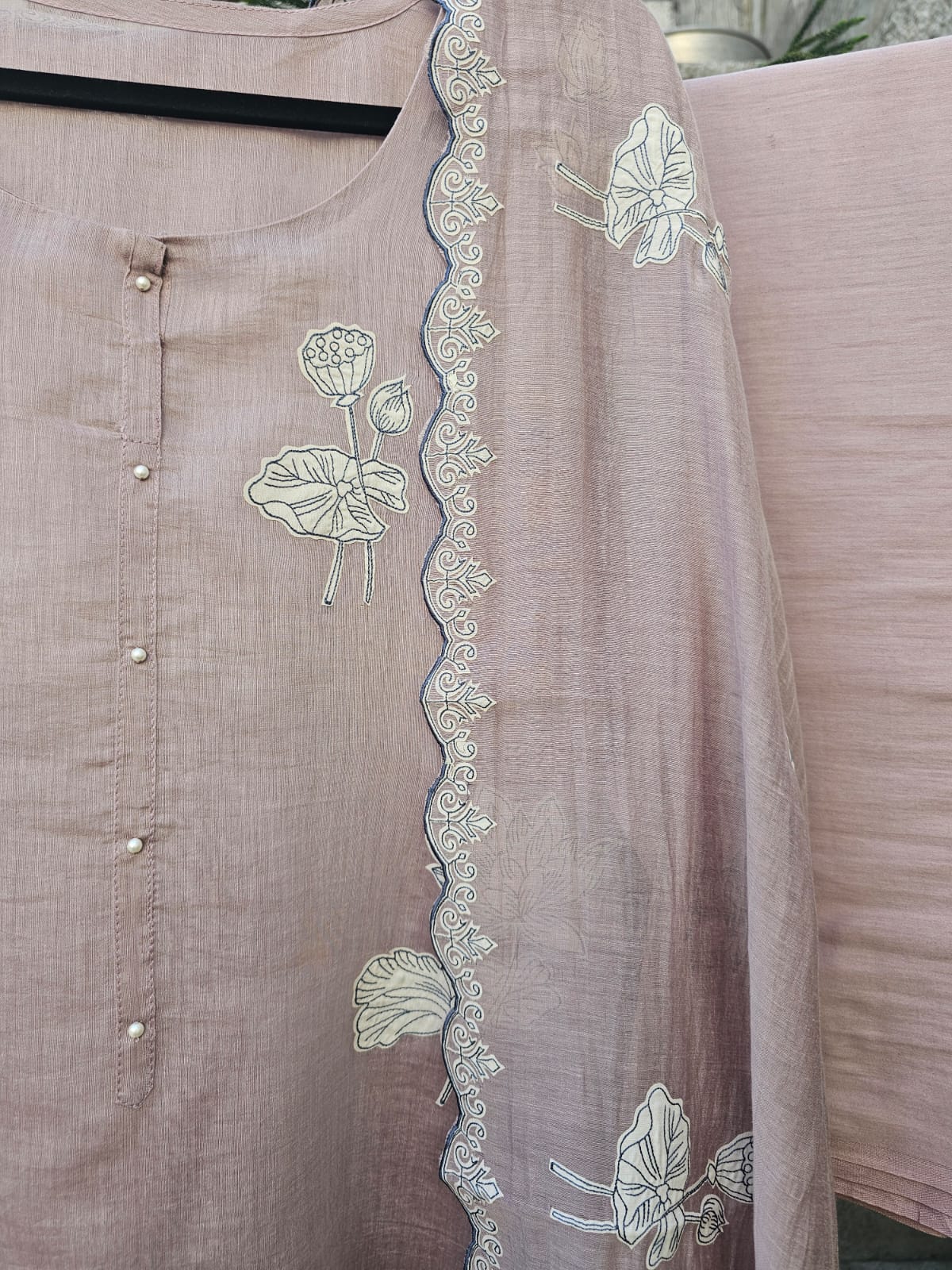 3 Piece Chanderi Mulmul Semi Stitched Suit Set with Applique