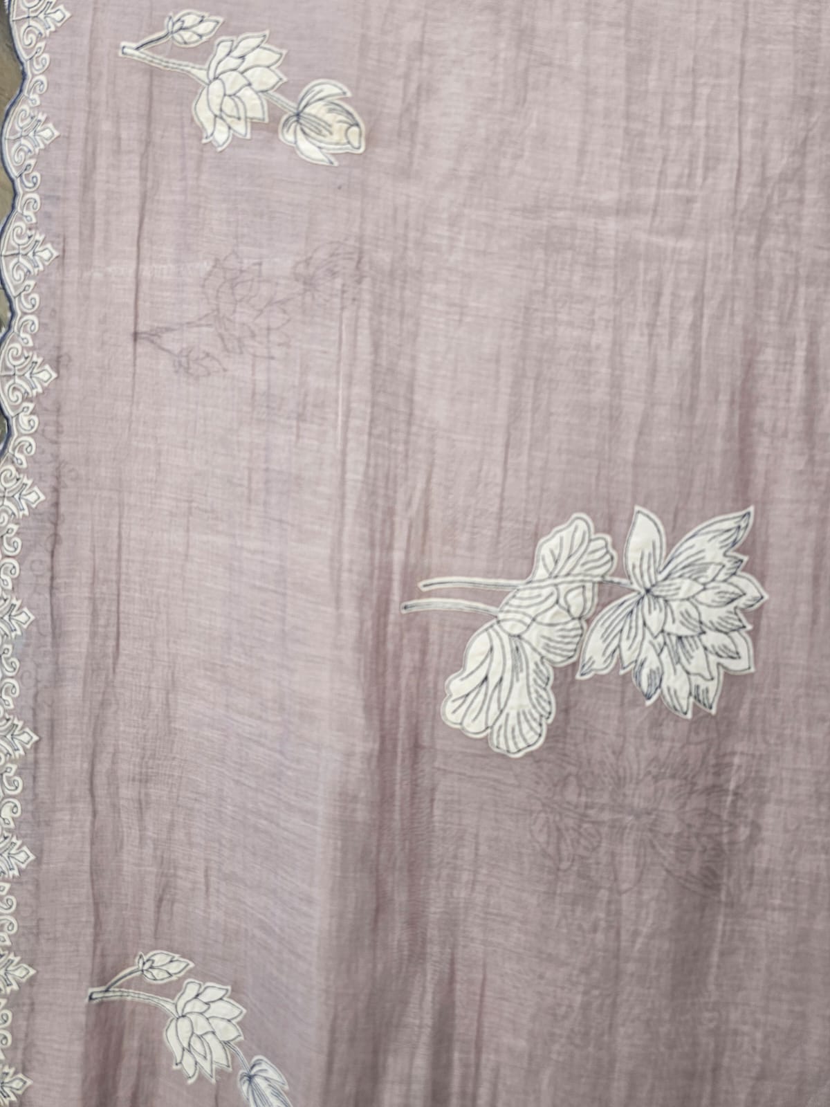 3 Piece Chanderi Mulmul Semi Stitched Suit Set with Applique