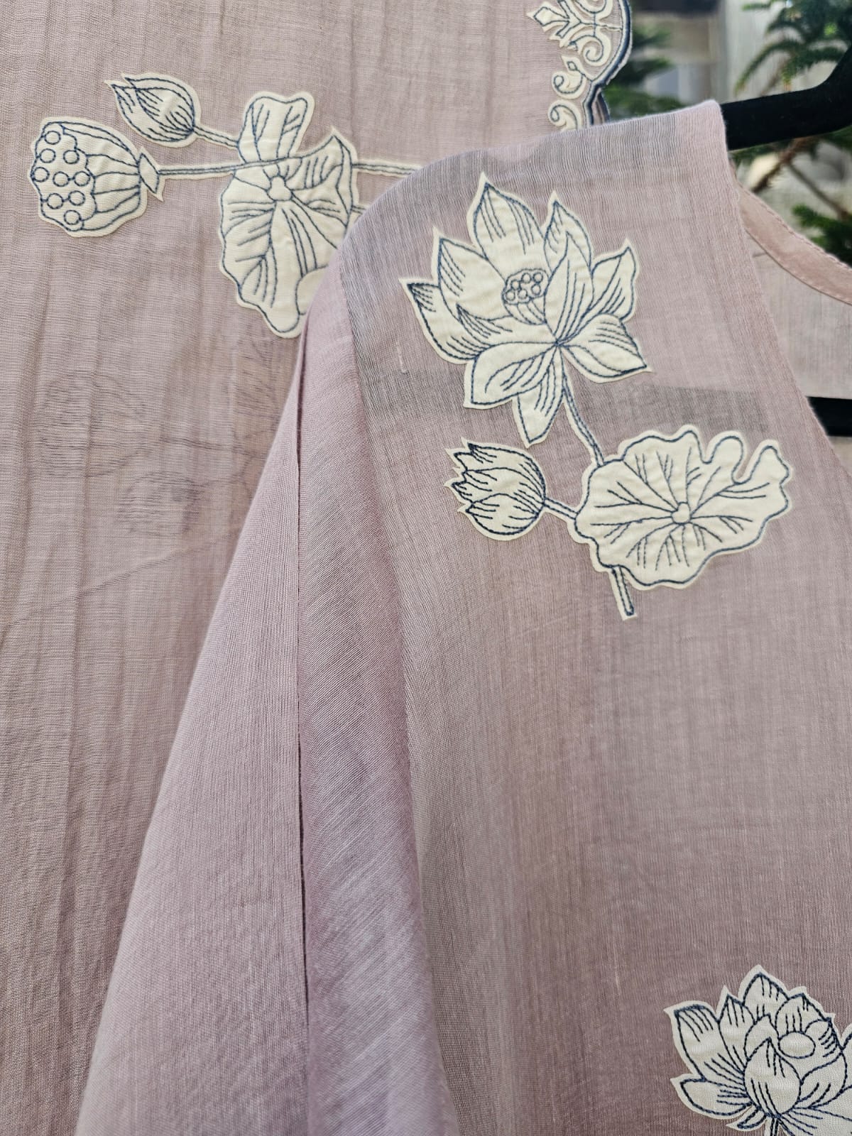 3 Piece Chanderi Mulmul Semi Stitched Suit Set with Applique