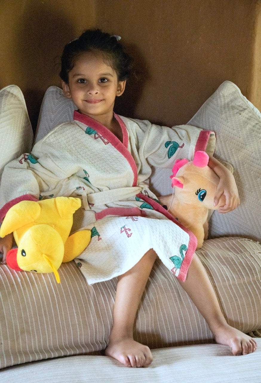 handcrafted girls bathrobes with flamingo print for birthday return gifts in Philippines and Singapore