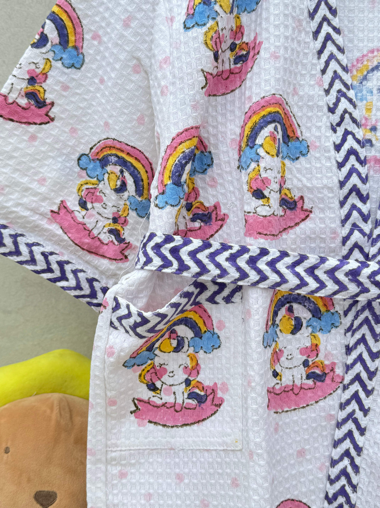 unicorn print girls bathrobe waffle cotton with custom embroidery for birthday favors boutique gifting and exports to USA UK