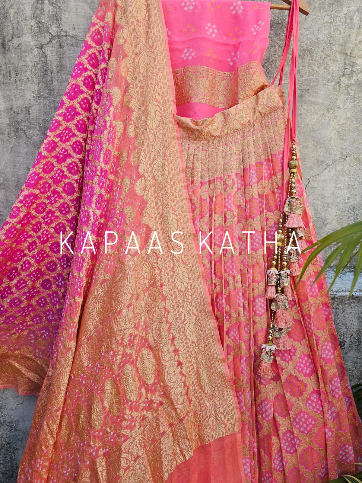 Pure Banarsi Georgette Bandhani Lehenga with Dual Shade Dupatta