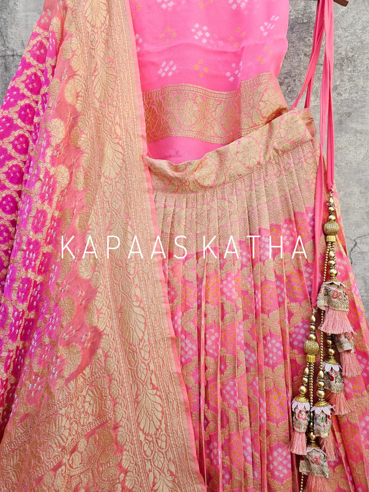 Pure Banarsi Georgette Bandhani Lehenga with Dual Shade Dupatta