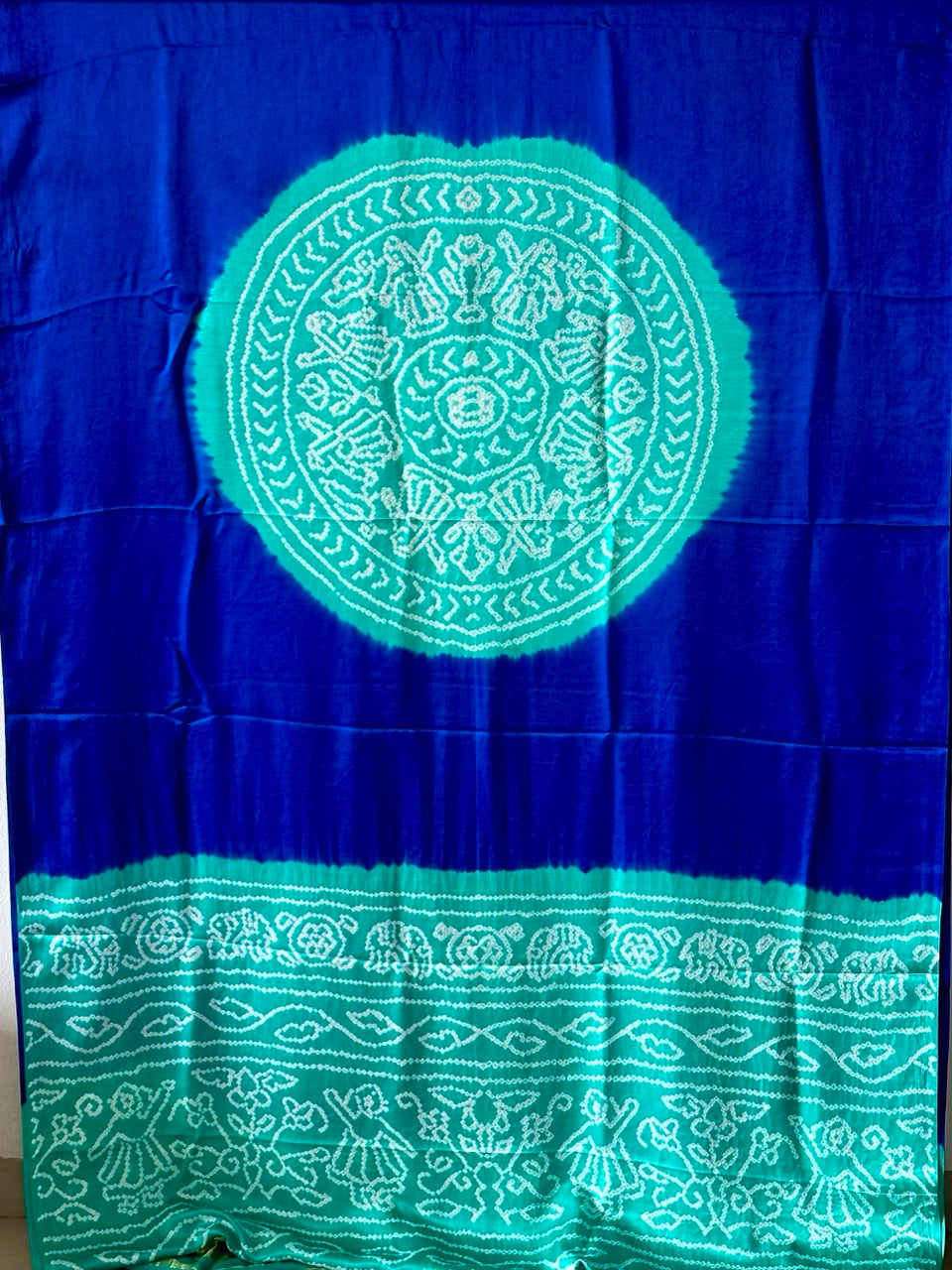 Pure Gajji Silk Blue & Turquoise Rasmandal Circle Bandhani Saree