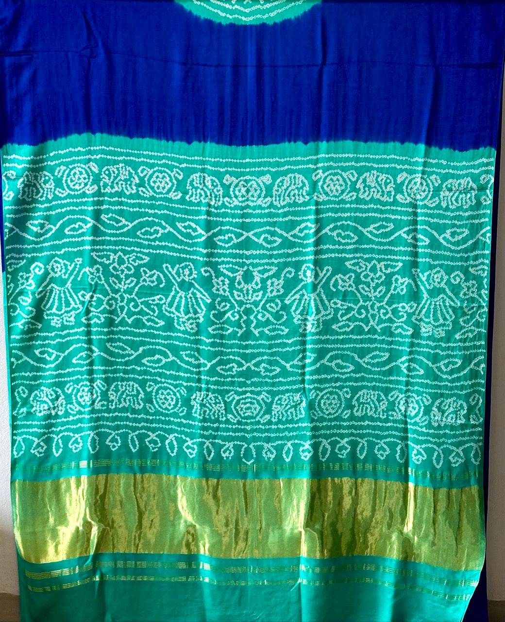 Pure Gajji Silk Blue & Turquoise Rasmandal Circle Bandhani Saree