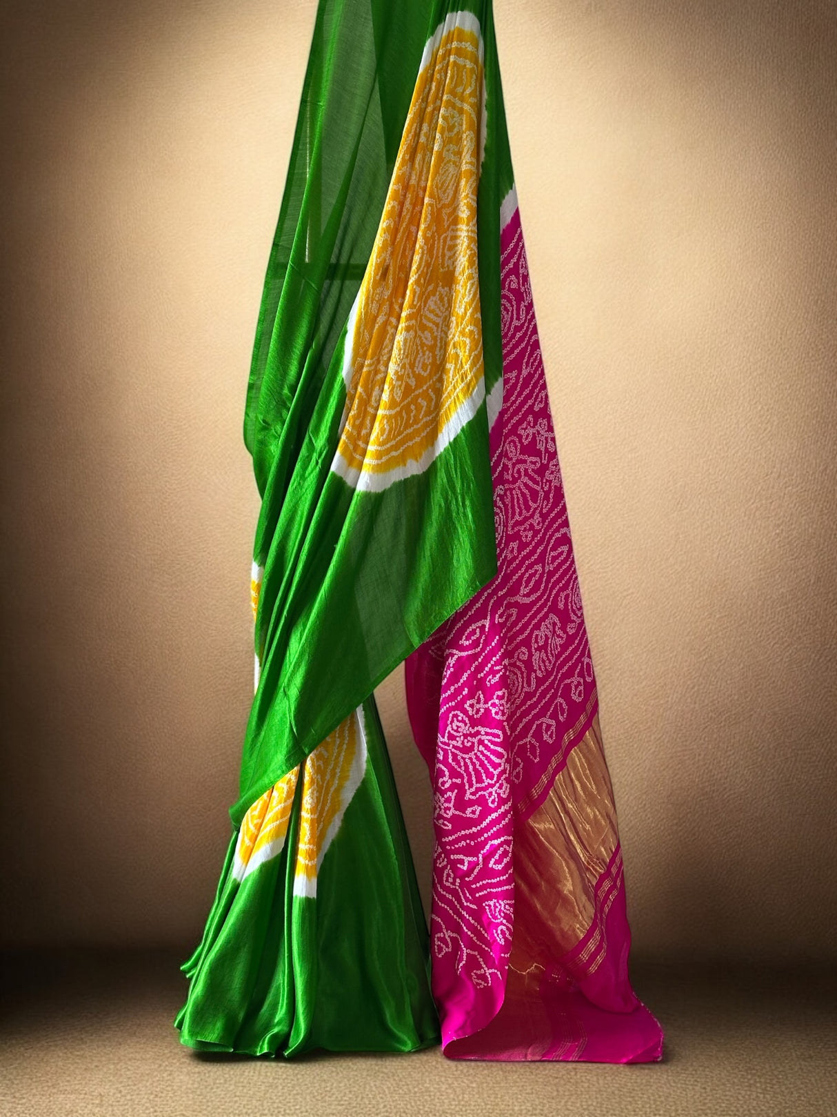 pure-gajji-silk-green-pink-rasmandal-circle-bandhani-saree