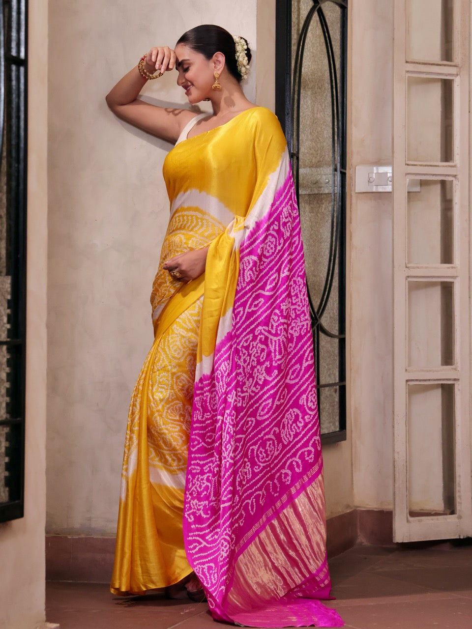 pure-gajji-silk-mustard-yellow-pink-rasmandal-circle-bandhani-saree
