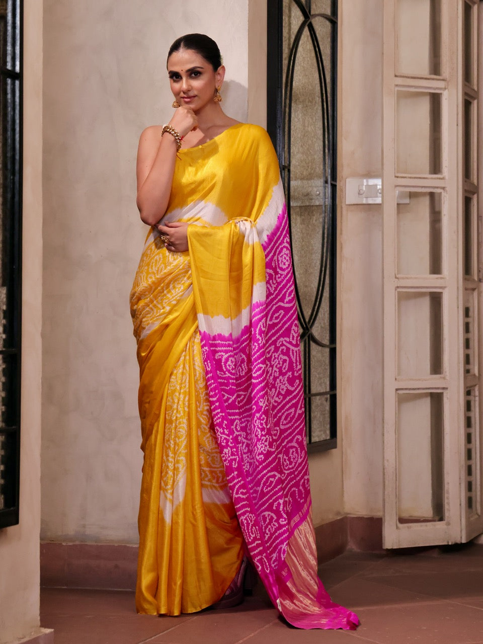 pure-gajji-silk-mustard-yellow-pink-rasmandal-circle-bandhani-saree
