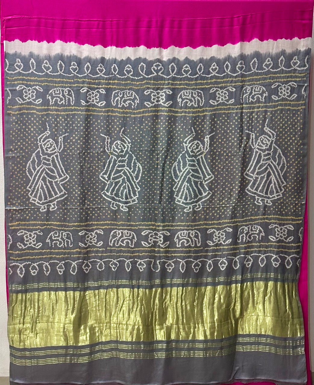 Pure Gajji Silk Pink & Grey Elephant Circle Bandhani Saree
