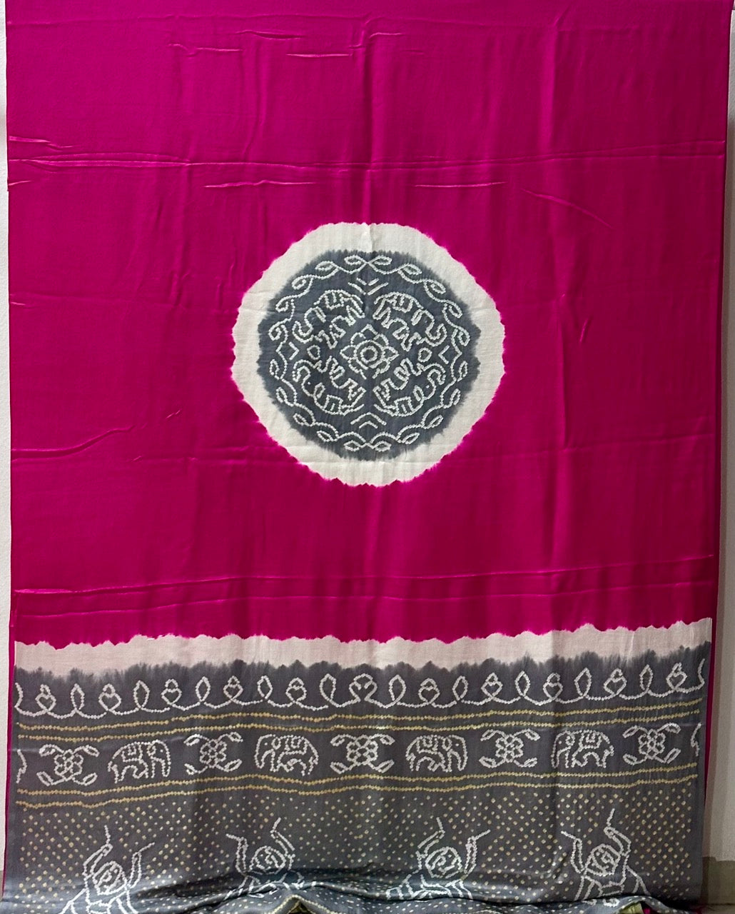 Pure Gajji Silk Pink & Grey Elephant Circle Bandhani Saree