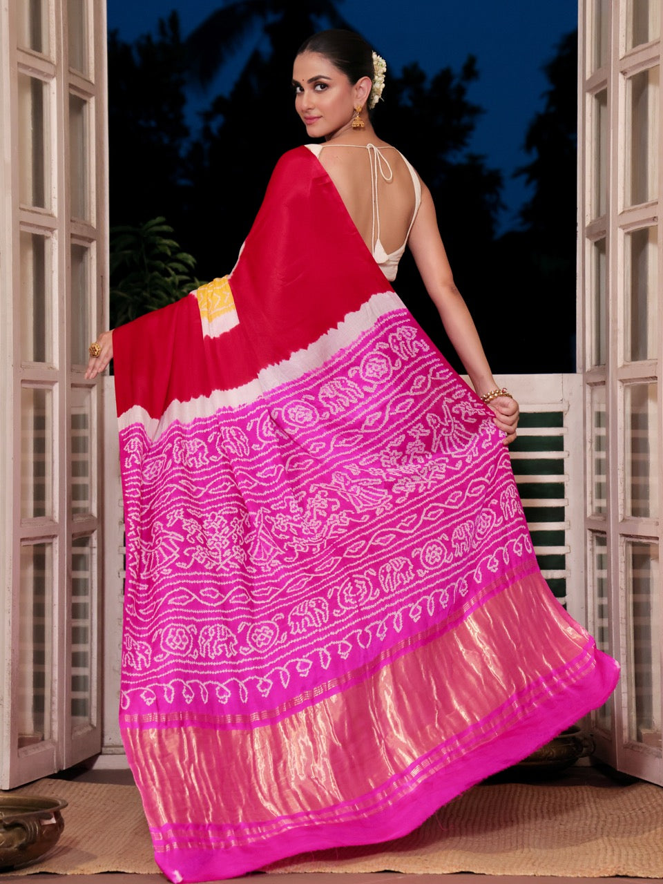 pure-gajji-silk-red-pink-yellow-rasmandal-circle-bandhani-saree