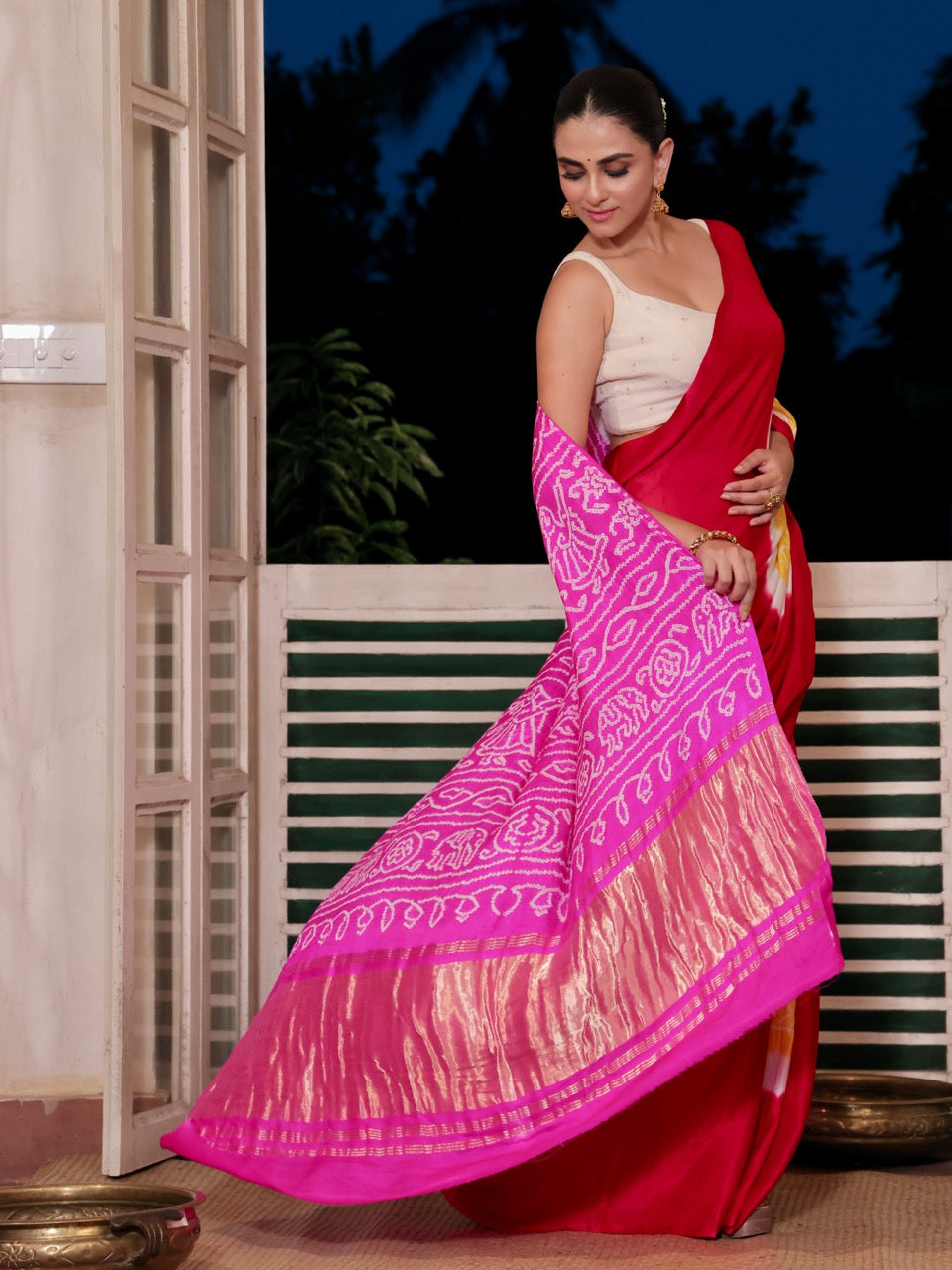 pure-gajji-silk-red-pink-yellow-rasmandal-circle-bandhani-saree