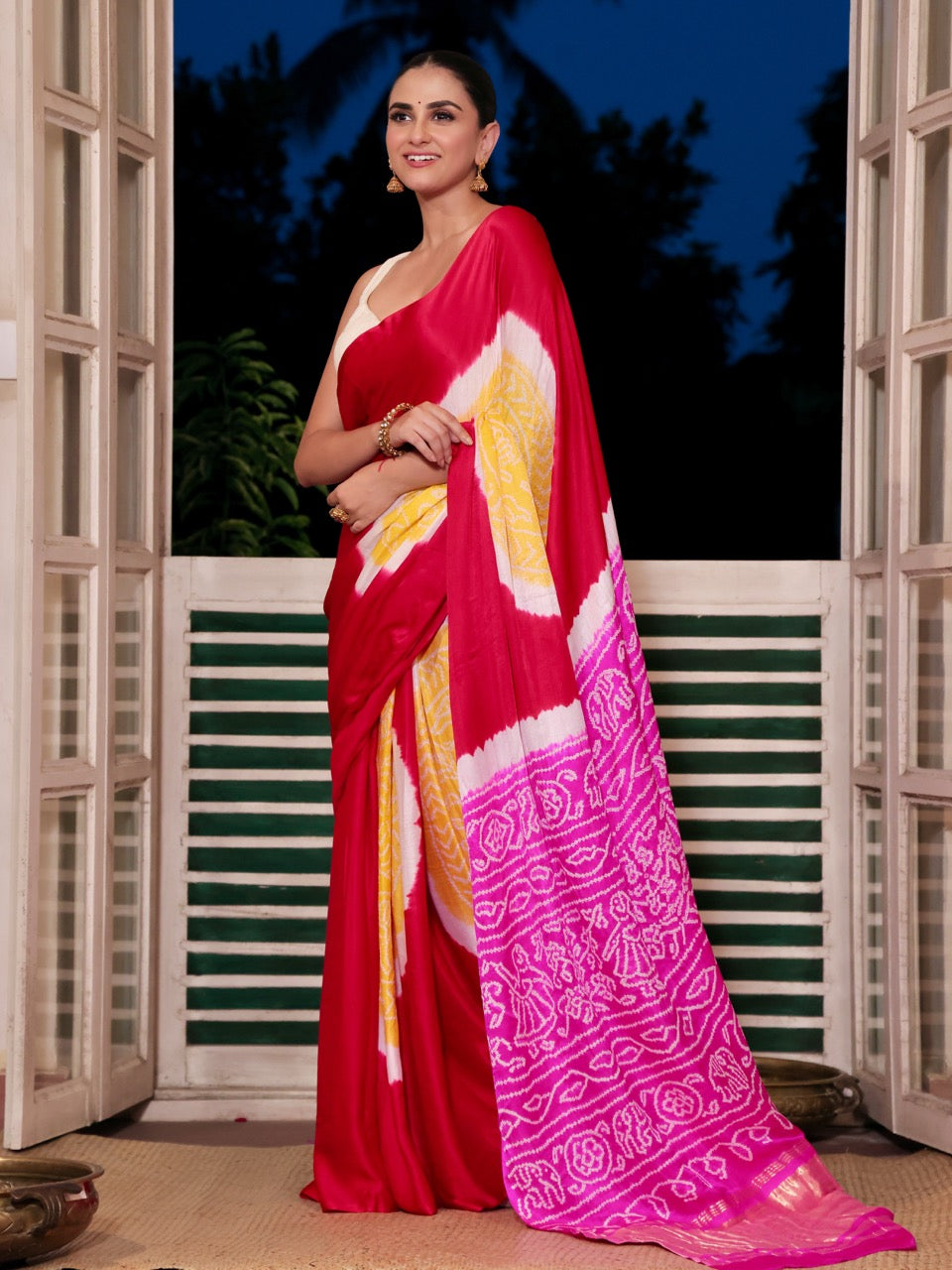 pure-gajji-silk-red-pink-yellow-rasmandal-circle-bandhani-saree