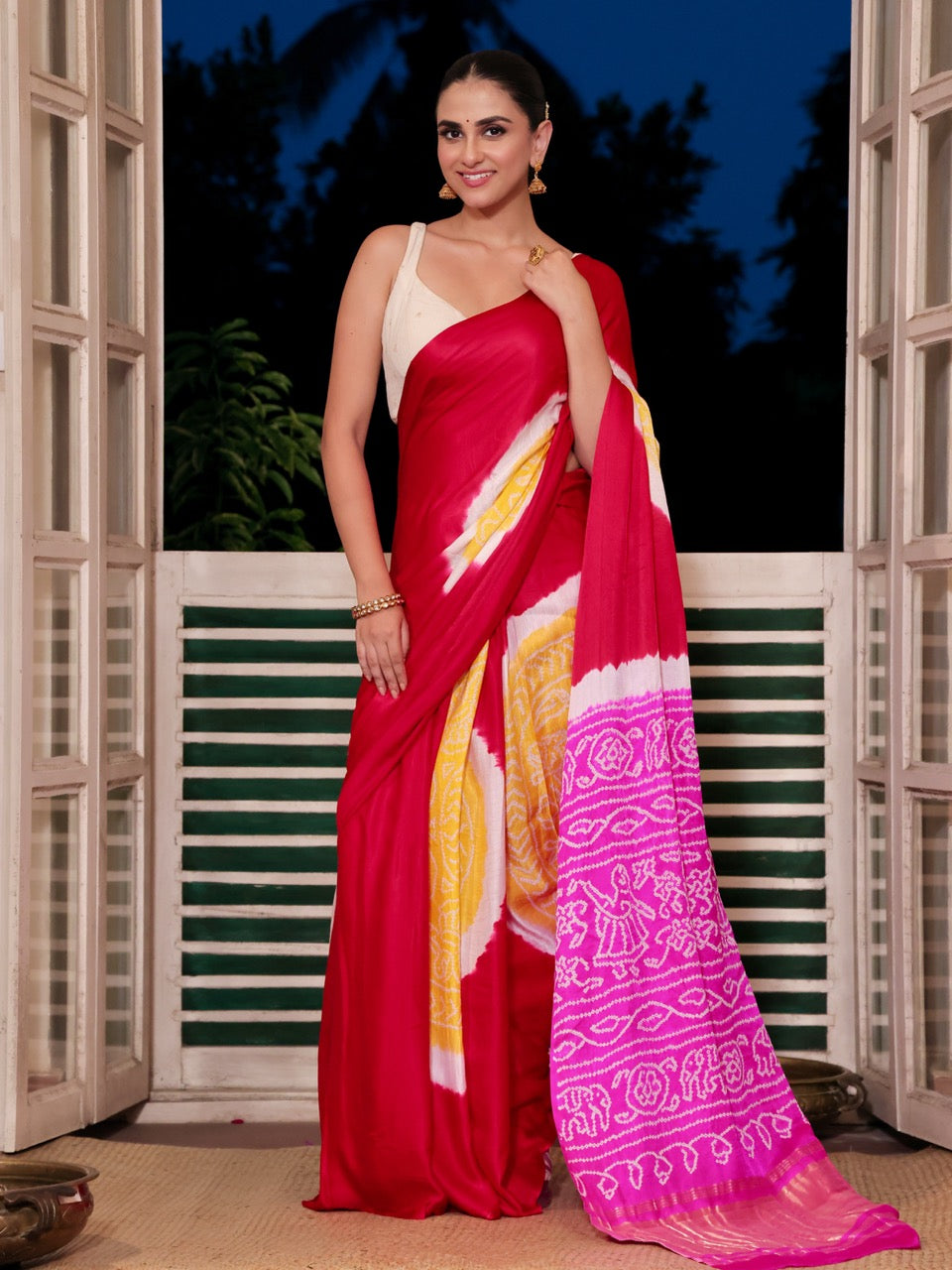 pure-gajji-silk-red-pink-yellow-rasmandal-circle-bandhani-saree
