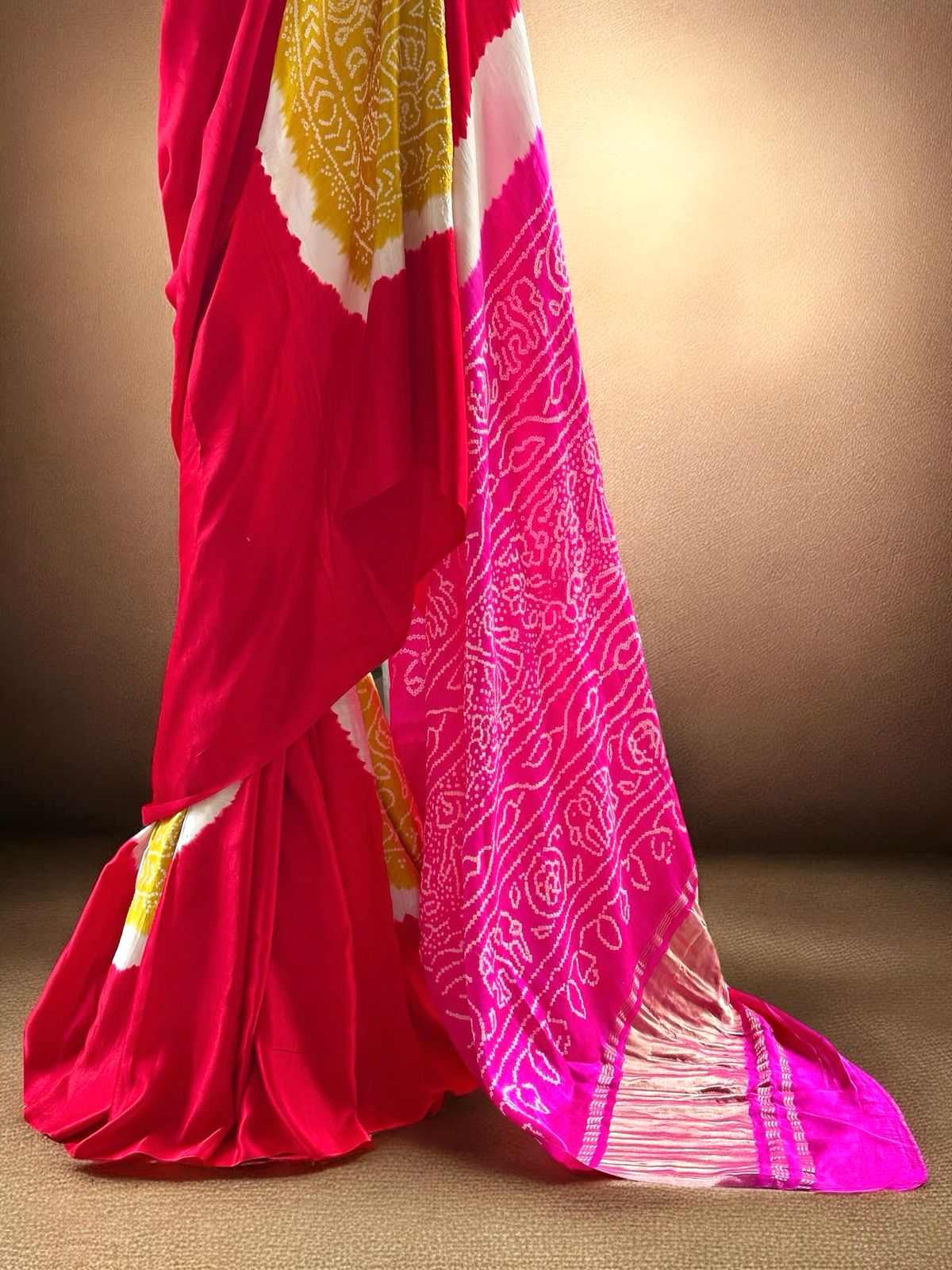 pure-gajji-silk-red-pink-yellow-rasmandal-circle-bandhani-saree