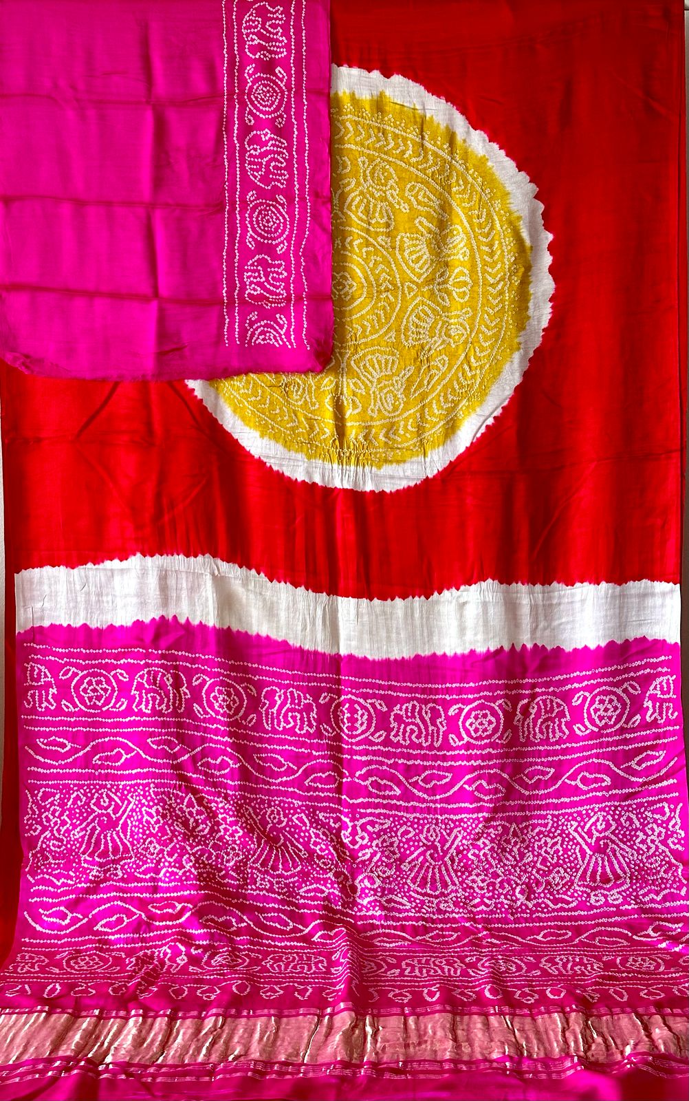 pure-gajji-silk-red-pink-yellow-rasmandal-circle-bandhani-saree
