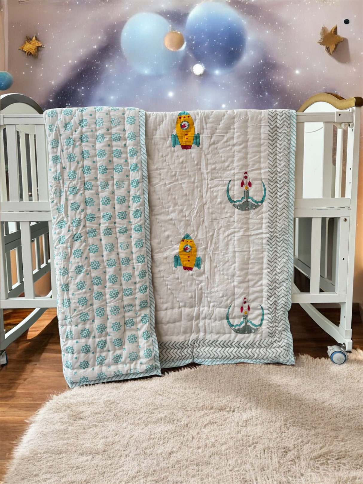 soft mulmul cotton astronaut quilt for boys handcrafted in Jaipur India for USA