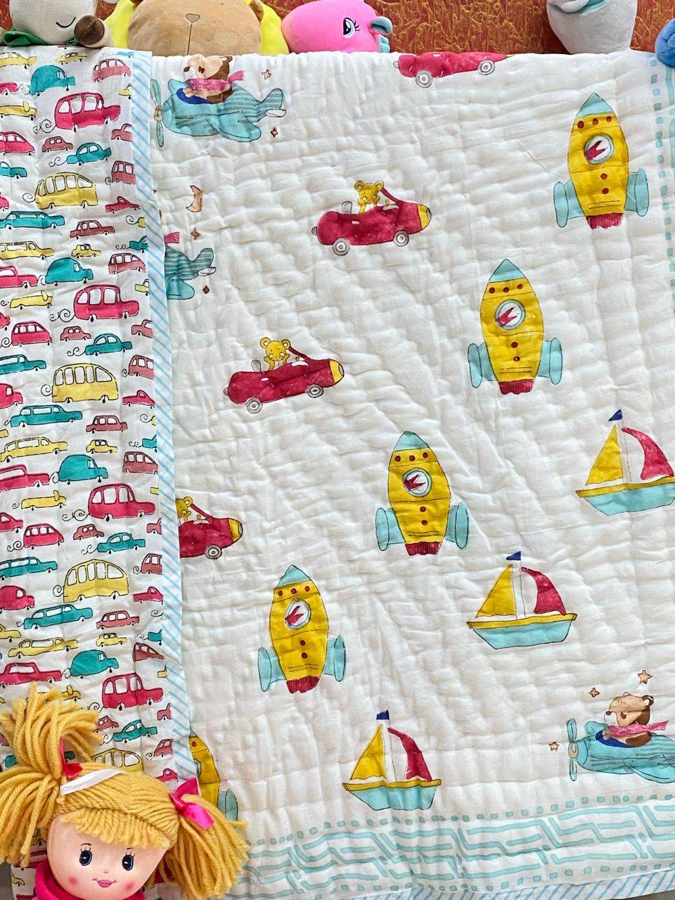 breathable mulmul quilt for boys with rocket and vehicle theme perfect for baby shower return favors
