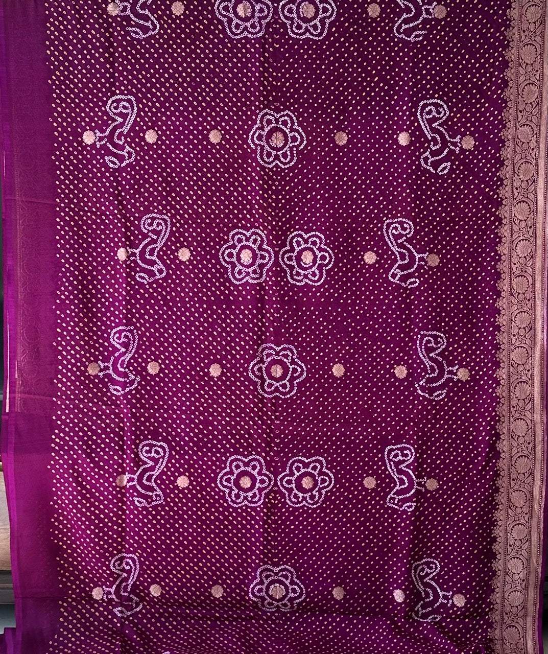 Purple Wine Colour Pure Banarsi Gerogette Bandhani Saree