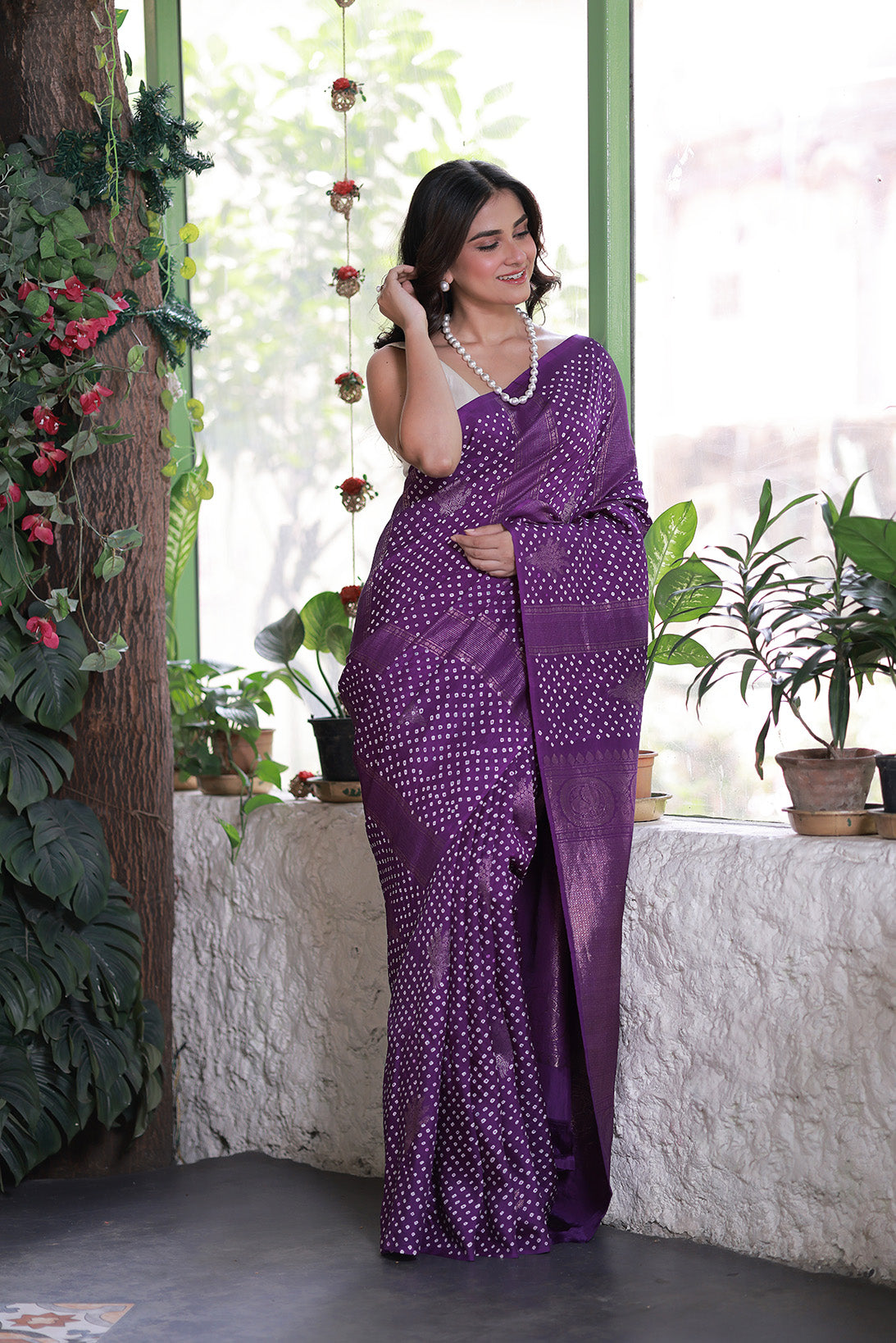 Purple Kanjivaram Silk Bandhani Saree