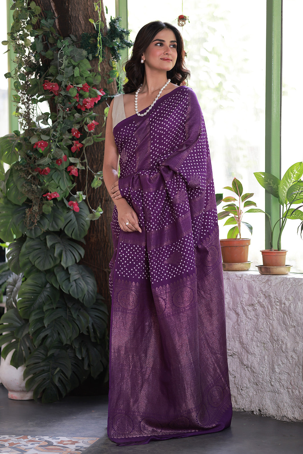 Purple Kanjivaram Silk Bandhani Saree