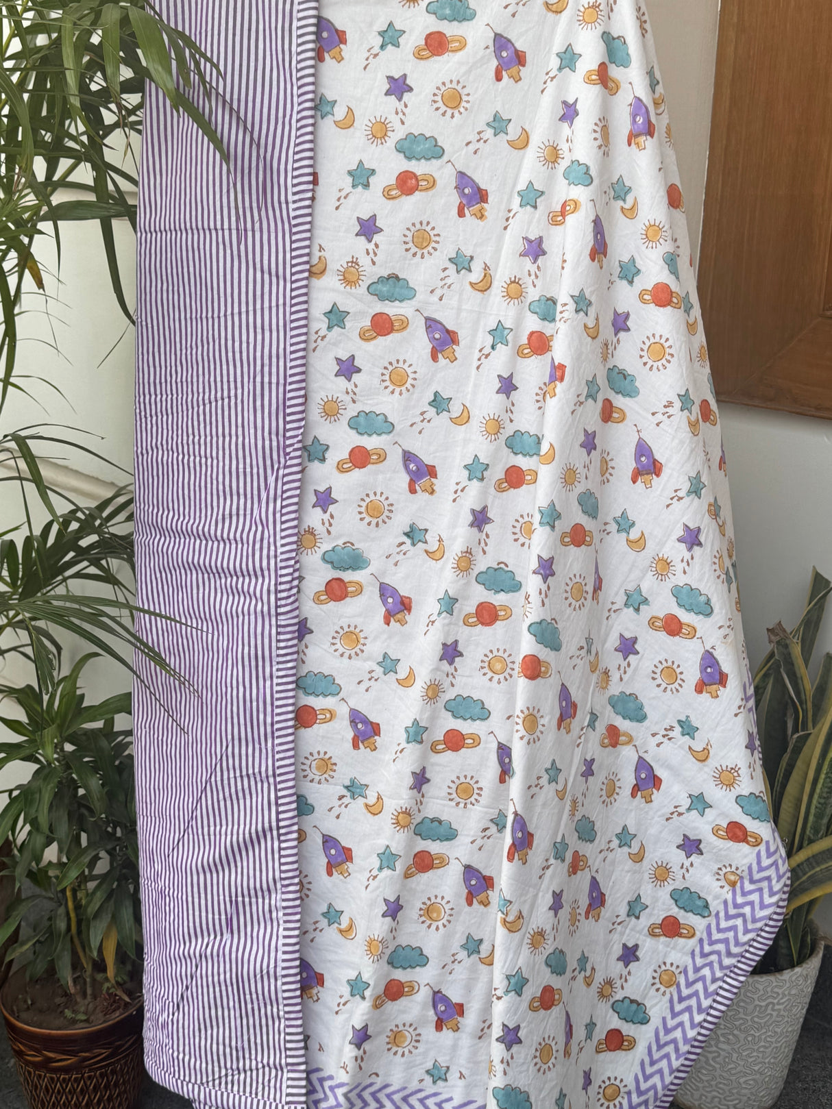 space theme cotton baby blanket with sun stars clouds rockets